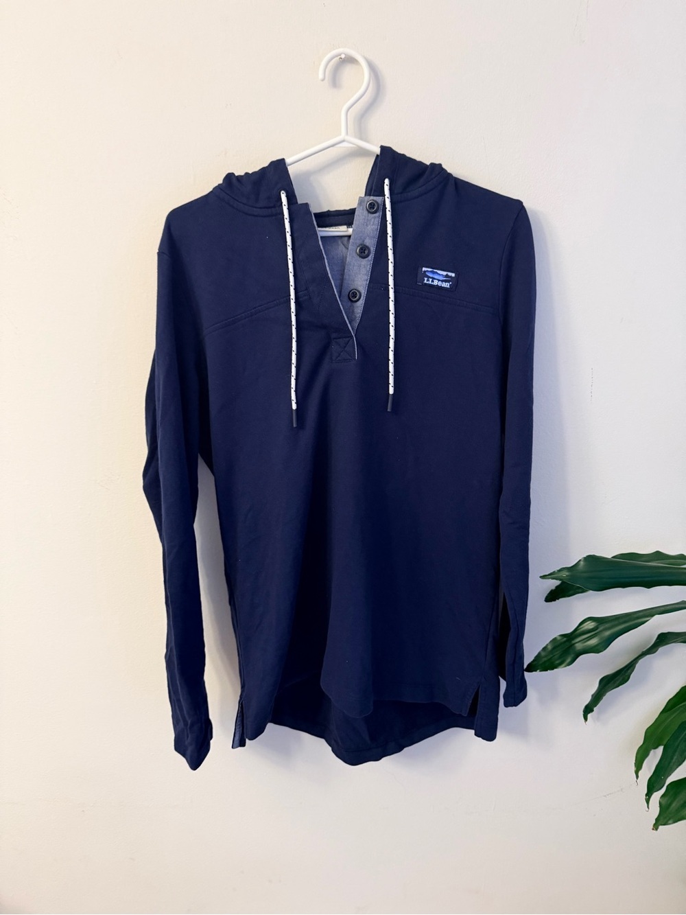 L.L. Bean Navy Hooded Pullover with Contrast Placket